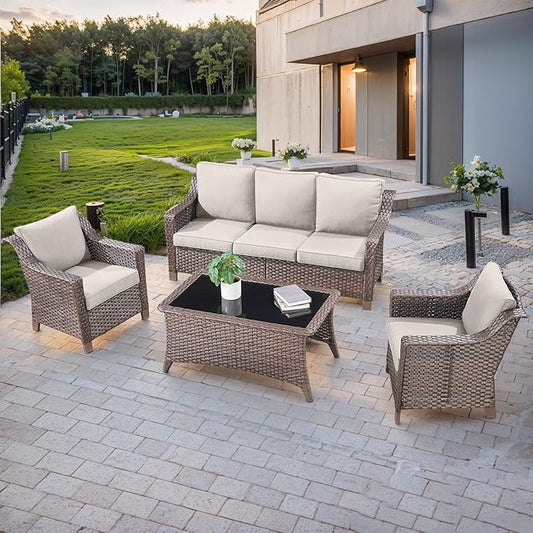 4 Piece Patio Furniture Set-Outdoor Rattan Wicker Sofa with Patio Chairs Outdoor Furniture for Porch Garden Backyard Poolside-Brown/Beige