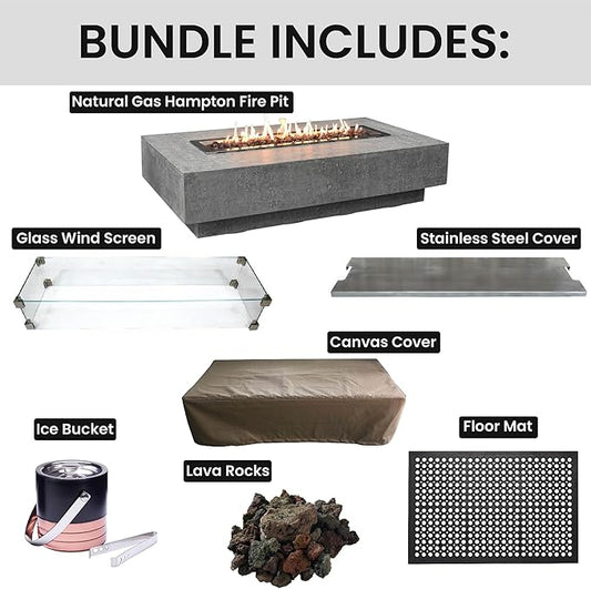 Elementi Hampton Fire Pit Bundle Outdoor Firepit Set Includes 56” Natural Gas Concrete Firepit Table, Glass Windscreen, Stainless Steel Cover, Canvas Cover, Floor Mat, Ice Bucket