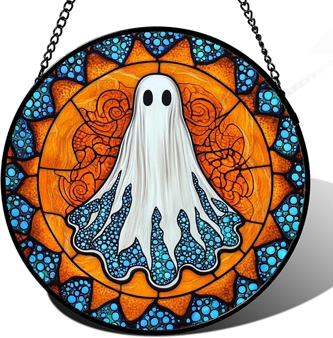 CRISGIF Stained Glass Window Hanging - Halloween Decorations White Ghost Suncatcher for Doors Garden Indoor Spooky Funny Blue Sun Catchers Gothic Decor Horror Gifts for Women Men Friend 6.3 in