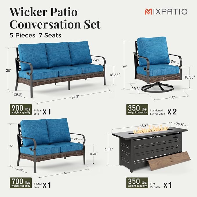Patio Furniture Set with Firepit Table, Black Frame Outdoor Conversation Set with 2 x Swivel Chairs, 1 x 2-Seat Sofa, 1 x 3-Seat Sofa for Patio Backyard, Pacific Blue
