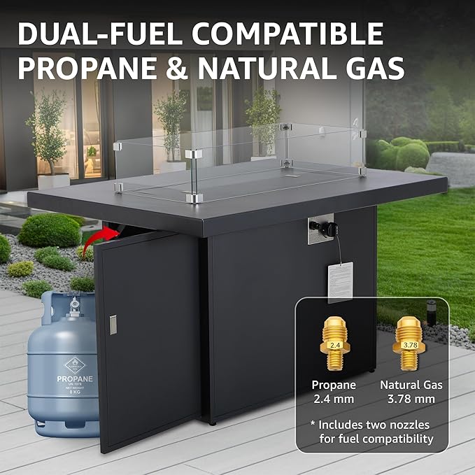 NICESOUL 43'' Aluminum Fire Pit Table, 60,000 BTU Propane/Natural Gas Outdoor Firepit with Wind Guard & Glass Rocks, All-Weather Rectangular Fireplace for Outside Patio CSA-Certified, Ember Black