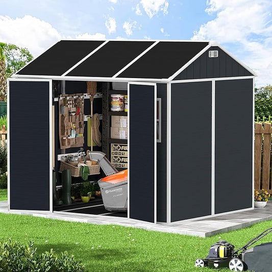 Resin Storage Shed 7.5x7ft, Outdoor Storage Sheds with Floor, Two-Window, Lockable Doors and Vents, 12mm Thick pp Board, Large Tool Shed for Bike, Garden, Backyard, Lawn (Dark Gray, 7.5 * 7ft)