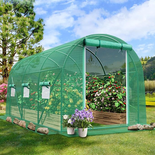 Grezone Walk-in Greenhouse Upgraded Green House with Zippered Screen Doors & 6 Screen Windows Heavy Duty Plastic Plant Warm House with Reinforced Frame (12x7x7 FT)