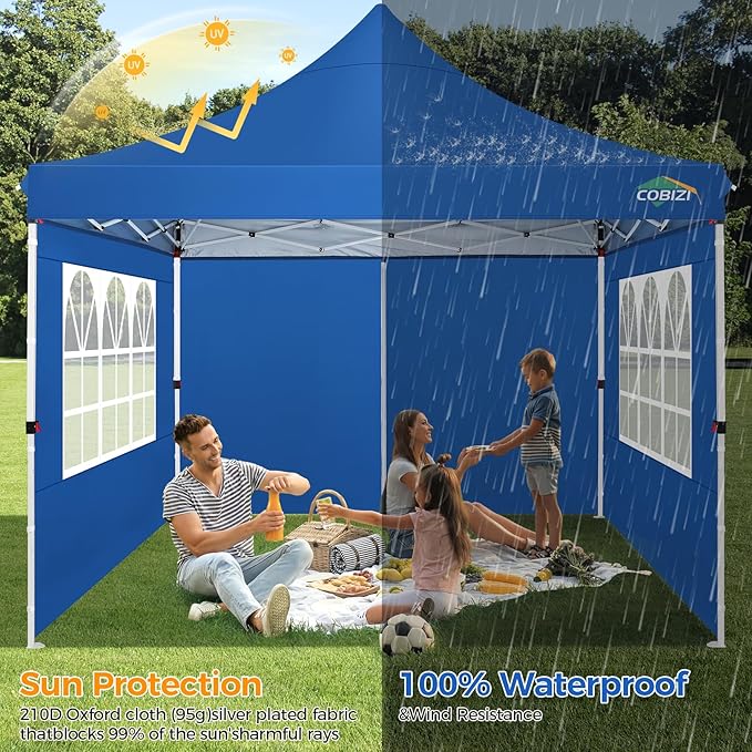 COBIZI 10x10ft Pop Up Canopy with 4 Removable Sidewalls, Easy Up Commercial Gazebos, Waterproof and UV50+ Gazebo with Portable Bag, Adjustable Leg Heights, Tents for Parties, with 4 sandbags