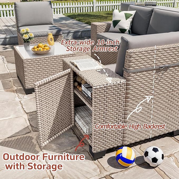 13 Pieces Patio Furniture Set with Fire Pit Table, Outdoor Sectional Wicker Sofa with Thickened Cushions and Coffee Table, High Back Rattan Patio Conversation Sets, Grey