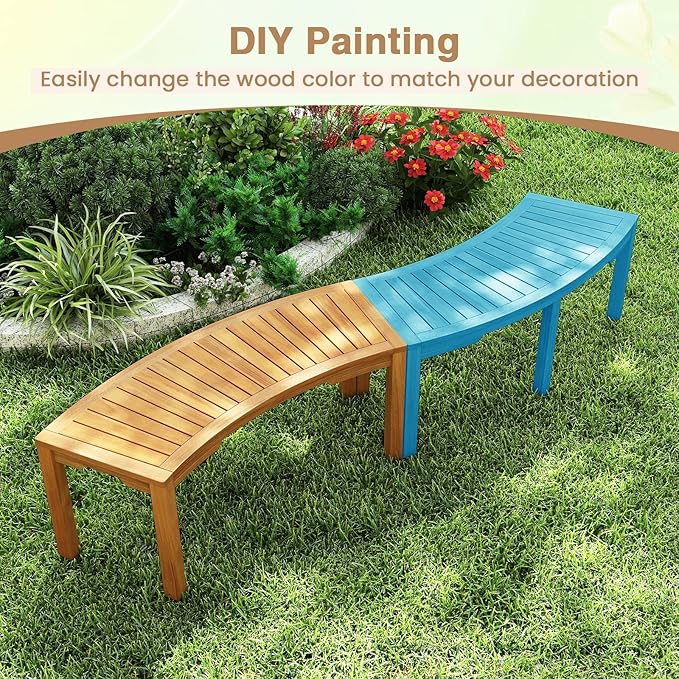 RELAX4LIFE Wooden Outdoor Curved Bench - Acacia Wood Garden Bench w/Slatted Seat, 2-Person Outside Backless Seating for Porch Backyard Deck Park, 800 LBS Load Capacity, Patio Fire Pit Bench (2, 45'')