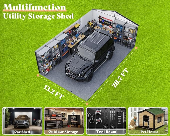 AMERLIFE 13x21x8.4 FT Outdoor Metal Garage Shed, Extra Large Storage Shed with Double Hinged Doors & 4 Windows, Carport for Car, Truck, Bike and Equipment Storage, Dark Gray
