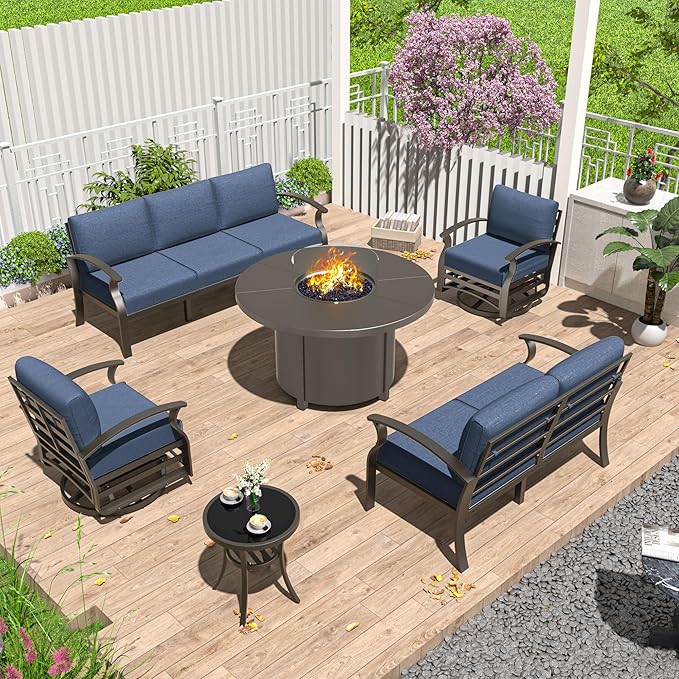 Aluminum Patio Furniture Set with Round Fire Pit Table, 7 Seats Outdoor Conversation Sets Modern Metal Patio Sectional Sofa with Upgrade Cushions for Patio, Backyard Navy