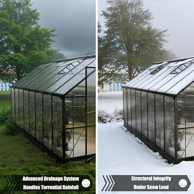 8x16 FT Greenhouse, Polycarbonate Green House with Quick Setup Structure and Roof Vent, Aluminum Large Walk-in Greenhouse for Outside Garden Backyard, Black