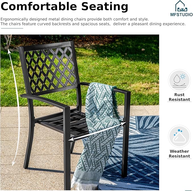 MFSTUDIO Outdoor Dining Set for 6, Patio Table and Chairs Set with Umbrella Hole, 7 Piece Outdoor Patio Furniture Set with 1 Metal Table 4 Stackable Chairs and 2 Swivel Chairs