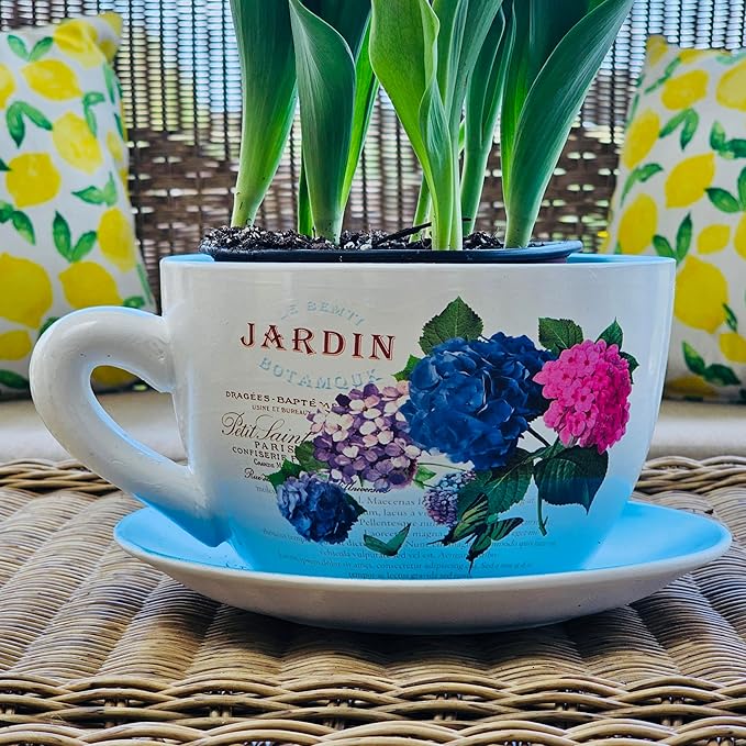 7.5” Round Ceramic Teacup Shape Planter Pot with Saucer for Succulents Orchid Herbs Cactus Indoor Houseplants Flowers for Home Garden and Event Decor – Yellow Butterfly Garden