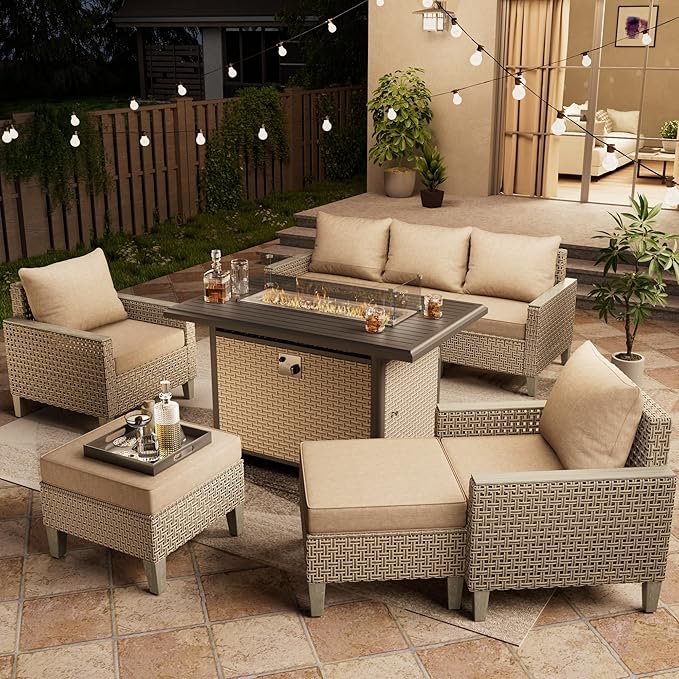 Outdoor Patio Furniture Set with Rattan Fire Pit Table 8-Piece Modular Wicker Sectional Sofa with Ottomans and Thick Cushions, Modern Rattan Outdoor Conversation Couch, Khaki