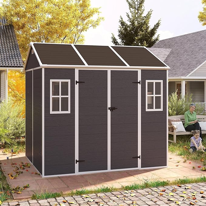 Resin Storage Shed 7.5x7ft, Outdoor Storage Sheds with Floor, Two-Window, Lockable Doors and Vents, 12mm Thick pp Board, Large Tool Shed for Bike, Garden, Backyard, Lawn (Dark Gray, 7.5 * 7ft)