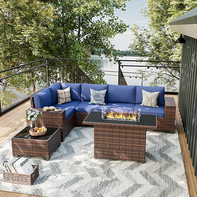 UDPATIO Patio Furniture Set with Fire Pit Table, 8 Inch Armrest Outdoor Sectional Sofa, 7 Piece Wicker Outdoor Furniture Conversation Sets with Waterproof Cover for Backyard Deck(Brown/Navy Blue)