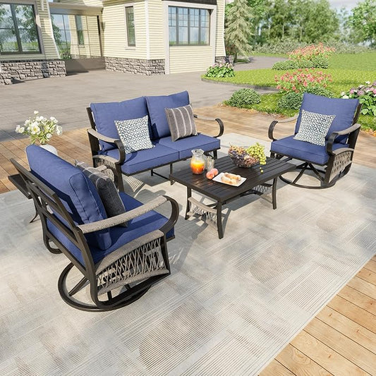 5 Pieces Modern Patio Furniture Set, All Weather Metal Outdoor Conversation Sets with 5.1" Extra Thick Cushion for Backyard Garden Deck Porch Poolside, Blue