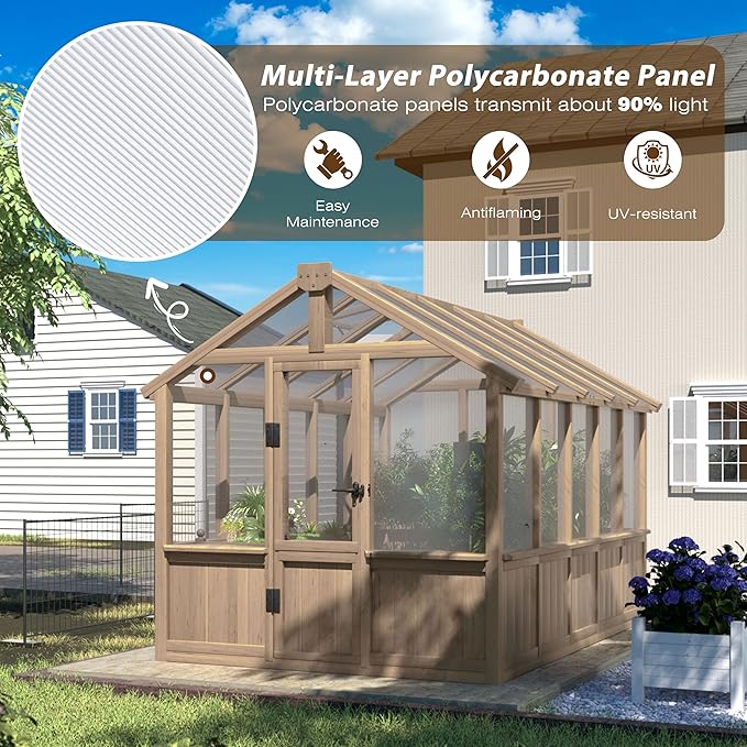 Mupater 6'x10' Wooden Greenhouse for Outdoor, Heavy Duty Green House Kit with Ventilated Window and Lockable Door, 6mm MWPC Panels for UV Protection, Walk-in Greenhouse for Backyard, Patio, Lawn