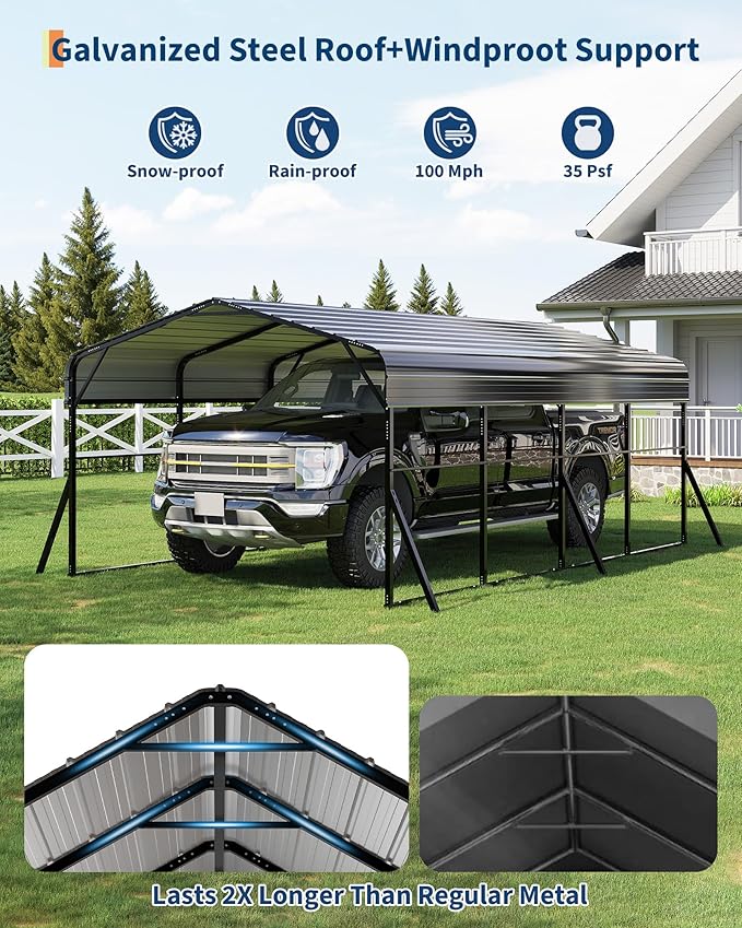 12'x20' Metal Carport, Heavy Duty Car Ports Kit for Trucks, Boats, RV, Tractor, Reinforced Frame with Anchors, Easy Assembly