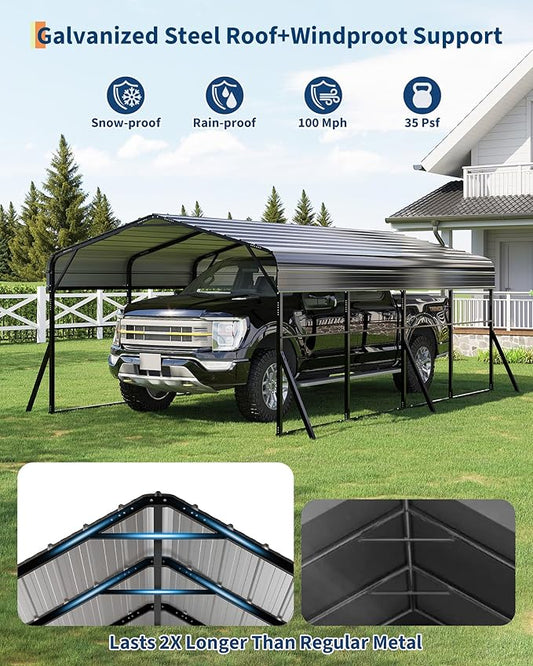 12'x20' Metal Carport, Heavy Duty Car Ports Kit for Trucks, Boats, RV, Tractor, Reinforced Frame with Anchors, Easy Assembly