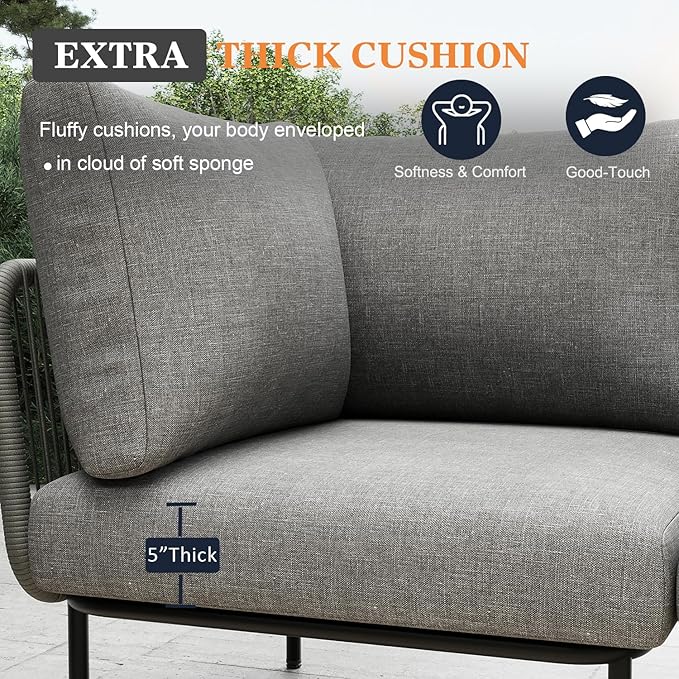 11 Piece Modern Outdoor Rope Wicker Sectional Patio L-Shaped Conversation Sofa Set Deep Seating with Fire Pit Table