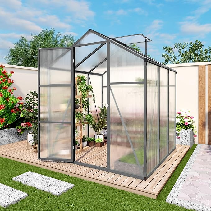 KEIKI Walk-in 6x6 FT Polycarbonate Greenhouse, Aluminum Frame Outdoor Greenhouse with Roof Vent, Anchor Base & UV-Blocking Panels for Backyard Gardening, Black