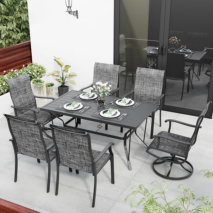 7-Piece Outdoor Dining Set, Patio Furniture Set with 2 Textilene Swivel Chairs & 4 Regular Chairs,Patio Dining Set with 1 Rectangular Table for Garden, Backyard, Poolside, Deck, Charcoal