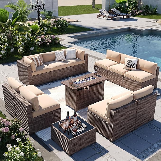 Aoxun Patio Furniture Sets, 12-Piece Outdoor Patio Furniture with 44'' Propane Gas Firepit Table, Wicker Outdoor Conversation Set Sectional Sofa for Backyard, Poolside, Garden