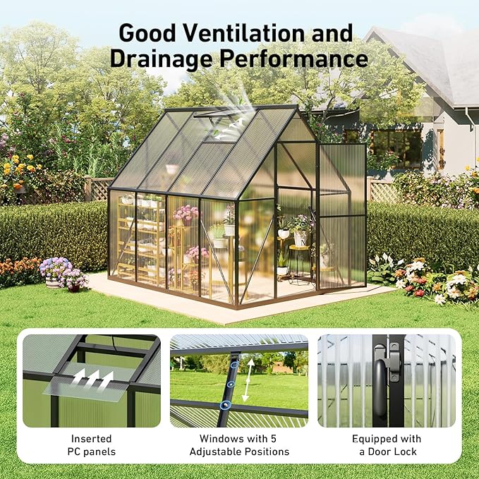 6x7.5FT Outdoor Greenhouse, Polycarbonate Green House, Small Walk-in Greenhouse with Vented Roof Window, Windproof Aluminum Frame with Hygrometer , Suitable for Gardening