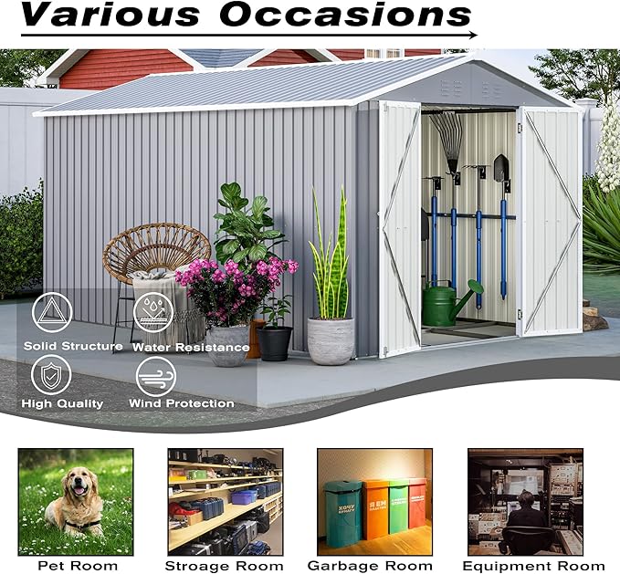 8x12 FT Sheds & Outdoor Storage with Double Doors & Floor Frame Heavy-Duty Metal Outdoor Storage Shed With Vents, Sloping Roof Waterproof Tool Sheds Perfect to Store Patio Furniture, Garden Tools Grey