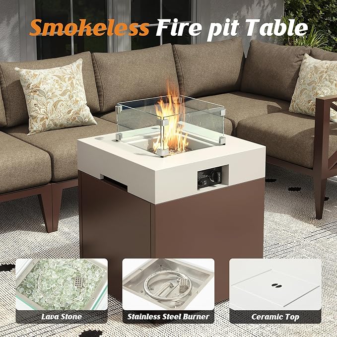 Aluminum Patio Furniture Set with Fire Pit Table,7-Seats Patio Sectional Conversation Sofa with 6" All-Weather Cushions and Coffee Table,Furniture Set for Deck, Porch, Garden (Brown)