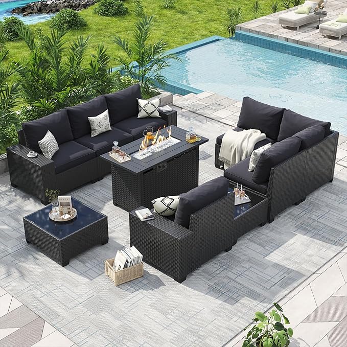Aoxun Patio Furniture Sets with 44'' Fire Pit, 10 Pcs Outdoor Patio Coversation Set with 4'' Thicken Cushion, Widen Armrests Wicker Outdoor Sectional for Backyard (Waterproof Cover Include)