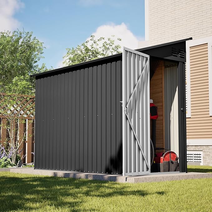 4×8 FT Lean to Metal Shed,Outdoor Heavy-Duty Storage Shed with Floor Base,All Weather Waterproof Garden Tool House W/Lockable Door&2 Air Vent,Reversible Door Design,for Backyard,Patio,Lawn,Black