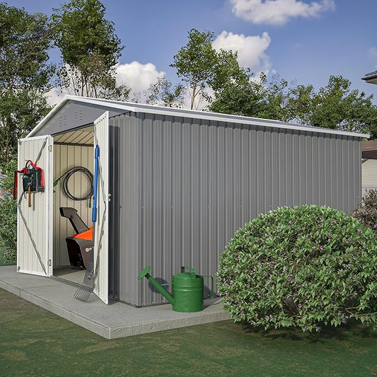Favfurish Heavy Duty Outdoor Storage Shed, Metal Garden Shed with Sloped Roof, Lockable Doors, Black