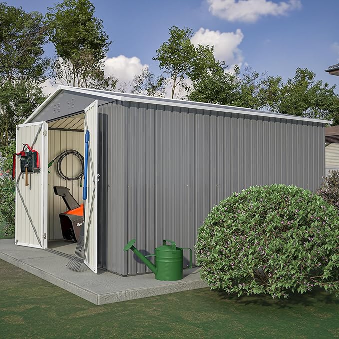 Favfurish Heavy Duty Outdoor Storage Shed, Metal Garden Shed with Sloped Roof, Lockable Doors, Black