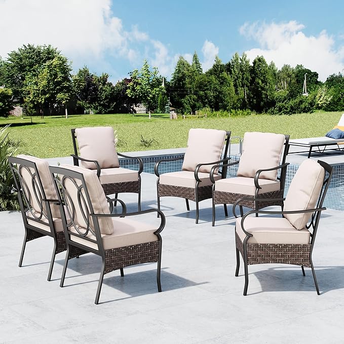 MFSTUDIO Outdoor Chairs Set of 6, Metal Wicker Dining Chairs with Thick Cushions and Armrests, Heavy Duty Outdoor Furniture Chairs for Dining Table, 300lbs