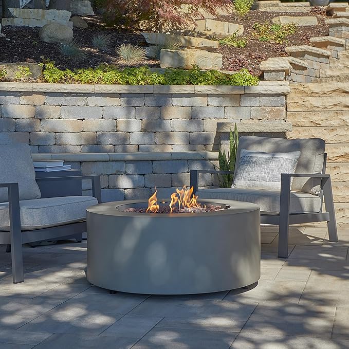Real Flame Aegean 36" Round Propane or Natural Gas Fire Pit Table, 50,000 BTU, Powder-Coated Steel, Push-Button Ignition, CSA Certified, Lava Rock, Storage Cover, Stainless Steel Burner with Lid