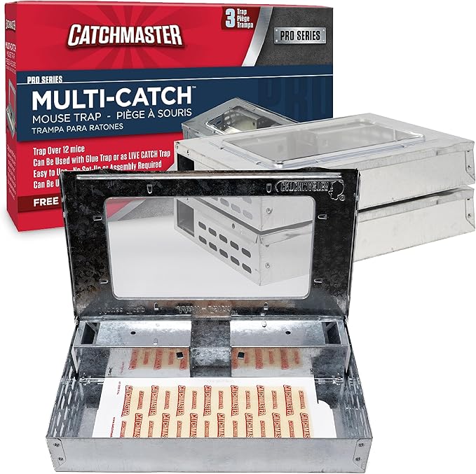 Catchmaster Pro Series Multi-Catch Mouse Trap 3-Pack, Humane Mouse Traps Indoor for Home, Includes Replaceable Glue Board, Live Catch Pest Control for Garage & Shed