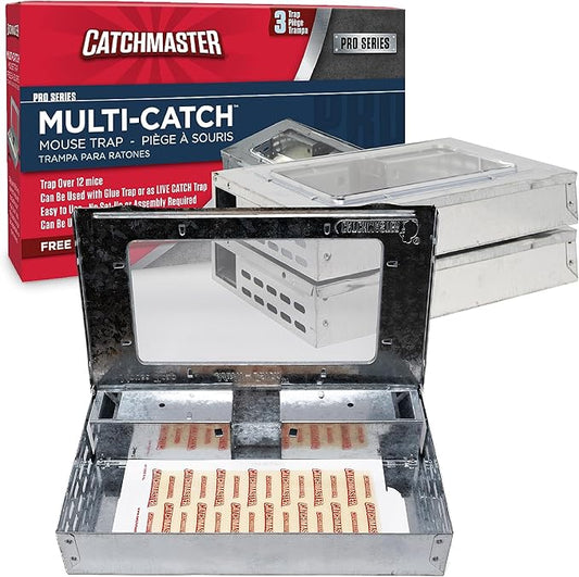 Catchmaster Pro Series Multi-Catch Mouse Trap 3-Pack, Humane Mouse Traps Indoor for Home, Includes Replaceable Glue Board, Live Catch Pest Control for Garage & Shed