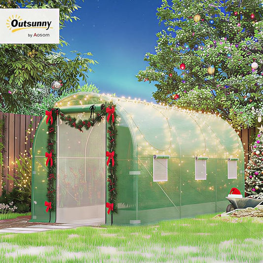 Outsunny 14.6'x6.5'x6.6' Hoop House Greenhouse with 2 Support Rods, Zippered Roll-up Mesh Door, Mesh Windows, Walk-in Tunnel Greenhouse with PE Cover, Galvanized Steel Frame, Outdoor Garden, Green