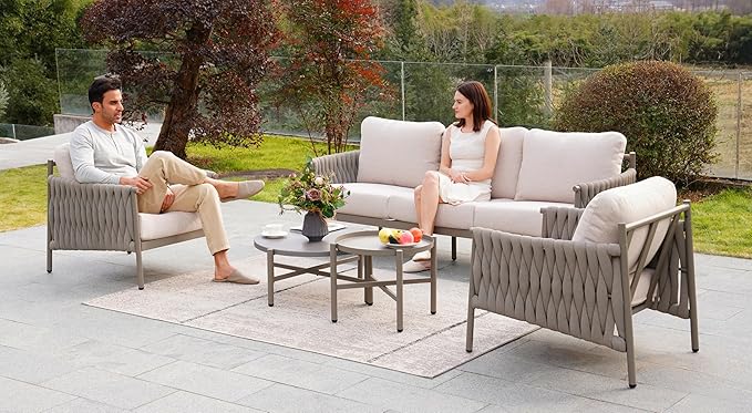 Grand patio 5-Piece Outdoor Furniture Set, Outdoor Sofa Set with 2 Round Side Tables, Modern Metal Patio Couch with 6-inch Thick Waterproof Cushions for Porch Deck Backyard
