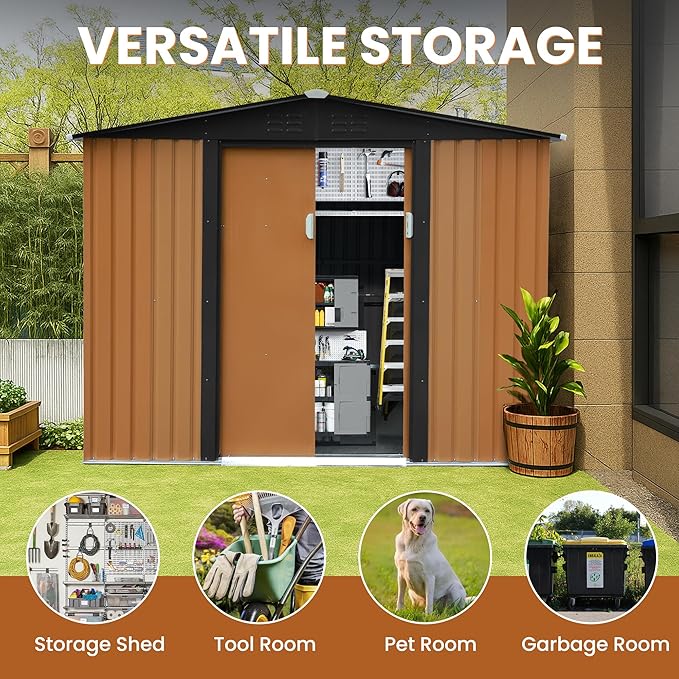 8x6 FT Outdoor Storage Shed Tool Shed Garden Shed with Lockable Door and Sloping Roof, Durable Metal Storage Shed for Backyard, Outside, Patio, Coffee