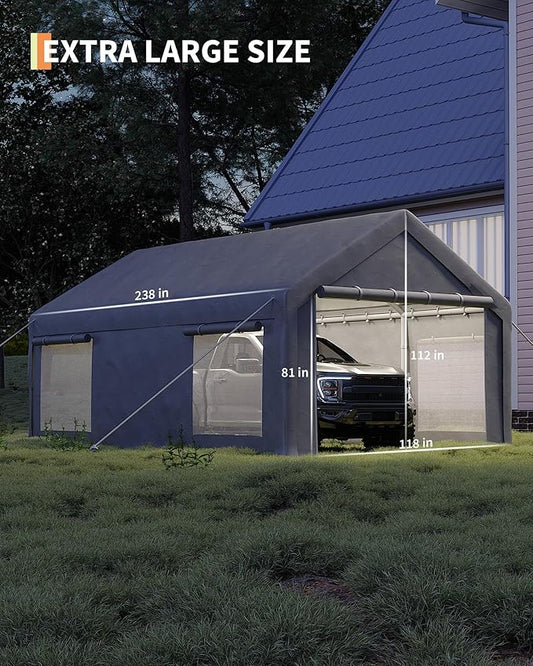 GarveeLife 10x20 ft Carport, Car Port with 200 g PE Tarp, Roll-Up Doors, and 4 Windows, for Sedans, Bass Boats, Motos, ATVs, and SUVs, Light Gray