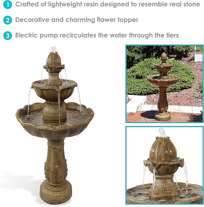Sunnydaze Blooming Flower 38-Inch 2-Tier Outdoor Water Fountain with Electric Submersible Pump for Garden, Patio or Yard