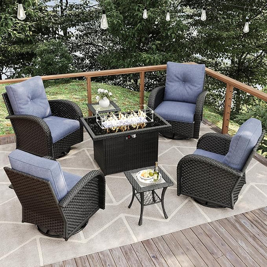 7 Pieces Patio Furniture Sets with Fire Pit Table, Wicker Rattan High Back Outdoor Swivel Rocking Chairs Set with Side Table