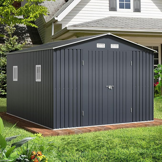 Breezz Outdoor Storage Shed 10 x 12 ft. Utility Tool Shed Metal Storage Garden Shed with Lockable Doors, Windows for Patio Storage, Nightblue