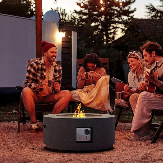 Cosiest Propane Fire Pit for Outside, 28 in Round Gas Fire Pits for Outdoor Patio, Certified, 50000 BTU Concrete Rectangle Base with Rain Cover, Free Lava Rocks