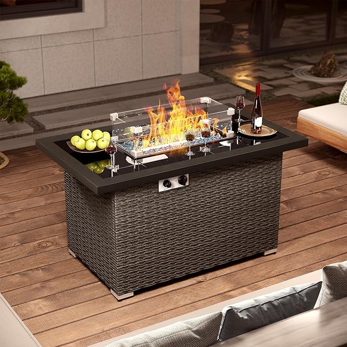 Brafab Fire Pit, 44" Outdoor Propane Gas Fire Pit Table with Hand Woven Rattan Pattern Tempered Glass Tabletop,50,000 BTU PE Rattan Patio Fire Pit Table with Blue Fire Glass,Lid,ETL Certification