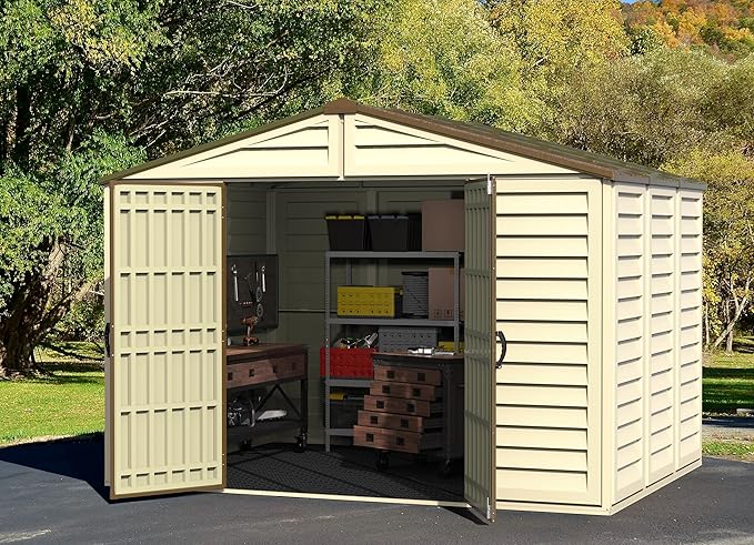 Duramax Woodbridge Plus 10.5 x 8 (8.02 m2) Plastic Garden Shed with 1 Fixed Window & Metal Foundation Kit, Strong Metal Roof Structure Fire Retardant and Maintenance-Free Storage Shed - Ivory/Brown