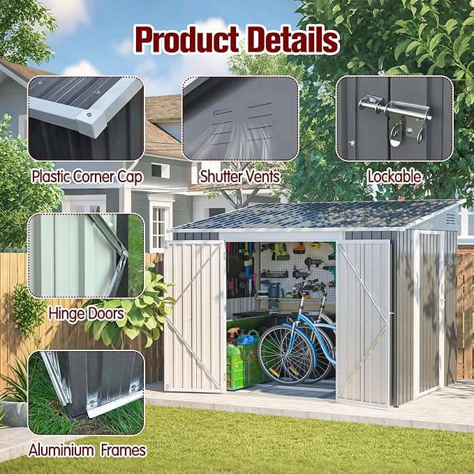 8x6FT Lean to Shed with Floor Frame, Metal Outdoor Storage Shed with Two Separate Doors for Garden Backyard Patio, Large Tool Shed for Bicycle&Lawn Mower Storage