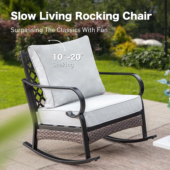 4 PCS Metal Outdoor Patio Furniture Set, Patio Conversation Sets 1 3-Seater Sofa, 2 Rocking Chairs with 5.75" Extra Thick Cushion & Coffee Table, Black Backyard Furniture, Light Gray