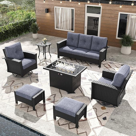 7 Pieces Outdoor Patio Furniture Set with Fire Pit Table, Wicker Patio Sectional Set Conversation Wicker Swivel Chairs with Small Side Table